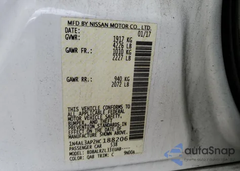 2017 Nissan Altima 2.5 z USA, uszkodzony, nr VIN 1N4AL3AP2HC188206